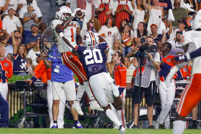 Mercer Bears wide receiver Devron Harper (1) goes up over Auburn Tigers safety Cayden Bridges (20) for the Bears first score of the game. Mercer Bears and the Auburn Tigers at Jordan-Hare Stadium on Sept. 3, 2022.